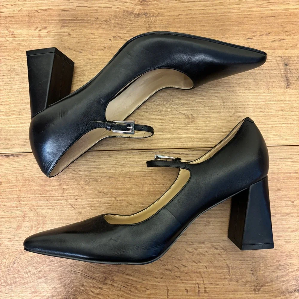 MARC FISHER Nollie Pointed Toe Pump Black Leather Women Size 8 Mary Jane Classic